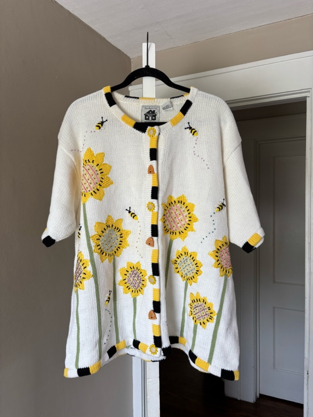 Storybook Knits White Cardigan with Yellow Sunflower Embroidery